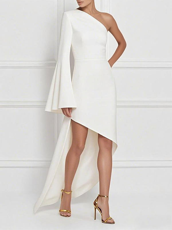 Asymmetric One-Shoulder Maxi Dress with High-Low Hem and Long Sleeves
