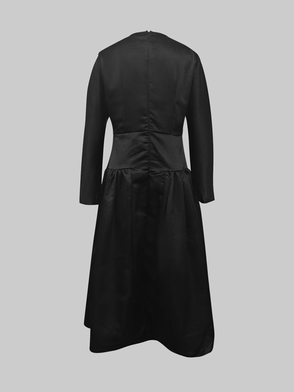 Long Sleeves Solid Color Round-Neck Midi Dresses