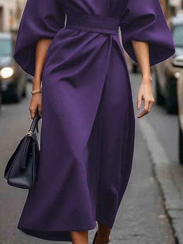 Pleated Midi Dress with Loose Puff Sleeves and Solid Color Split-Joint Round Neck