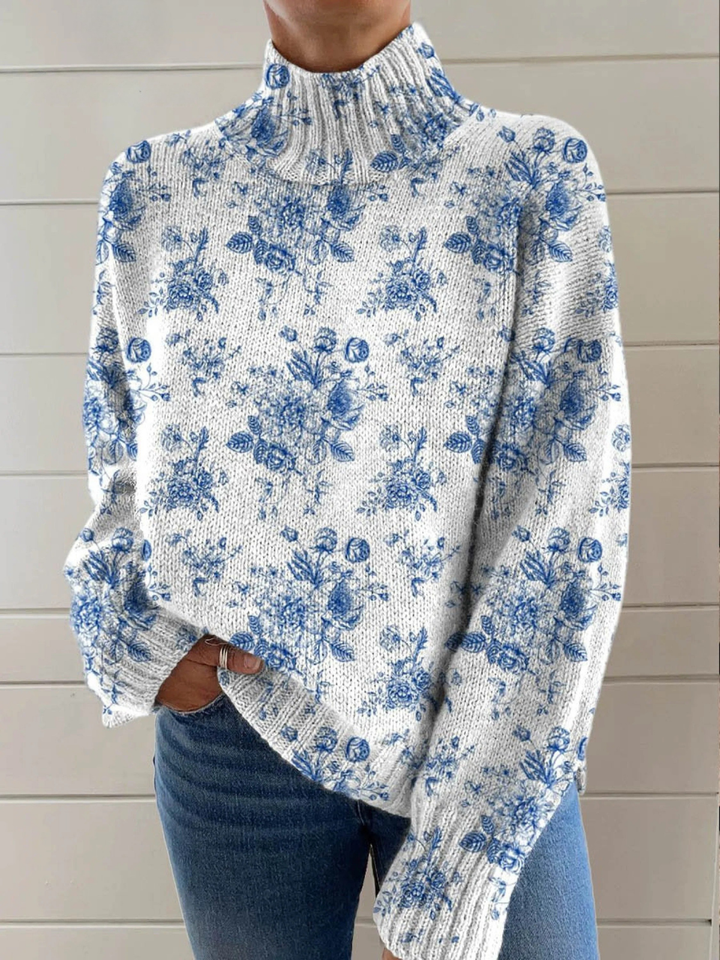 Ethel | Floral Print Turtleneck Sweater with Artistic Design
