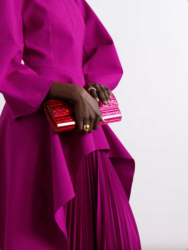 Maxi Dress with Long Sleeves, Loose Fit, Pleated Design, Solid Color, Split-Joint, and Tiered Round Neck