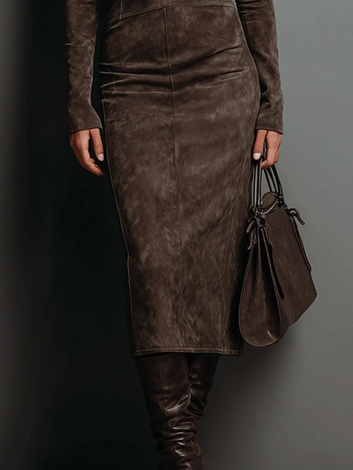 Valerie | High-Neck Long-Sleeve Midi Dress in Suede Finish