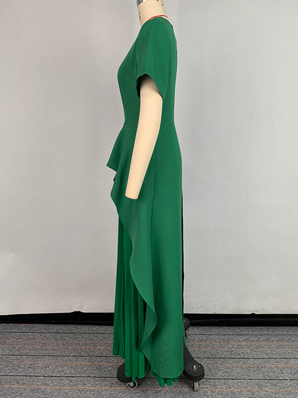 High-Waisted A-Line Maxi Dress with Pleats and Split Joint Round Neck