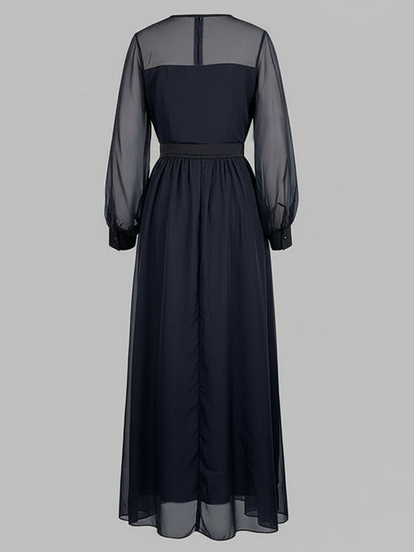 Sheer Pleated Maxi Dress with Round Neck and Loose Gauze Design