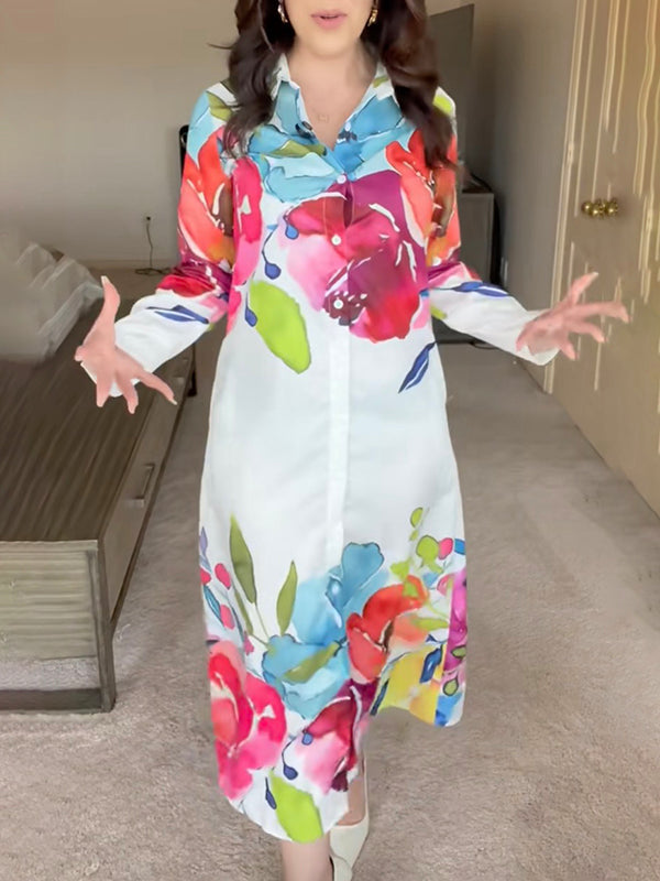 Long Sleeves Loose Buttoned Flower Print Lapel Maxi Dresses Shirt Dress