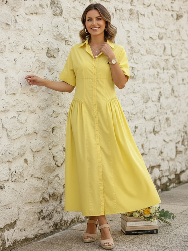 Button-Up Midi Shirt Dress with Loose Short Sleeves, Pleated Design, and Lapel Collar in Solid Color