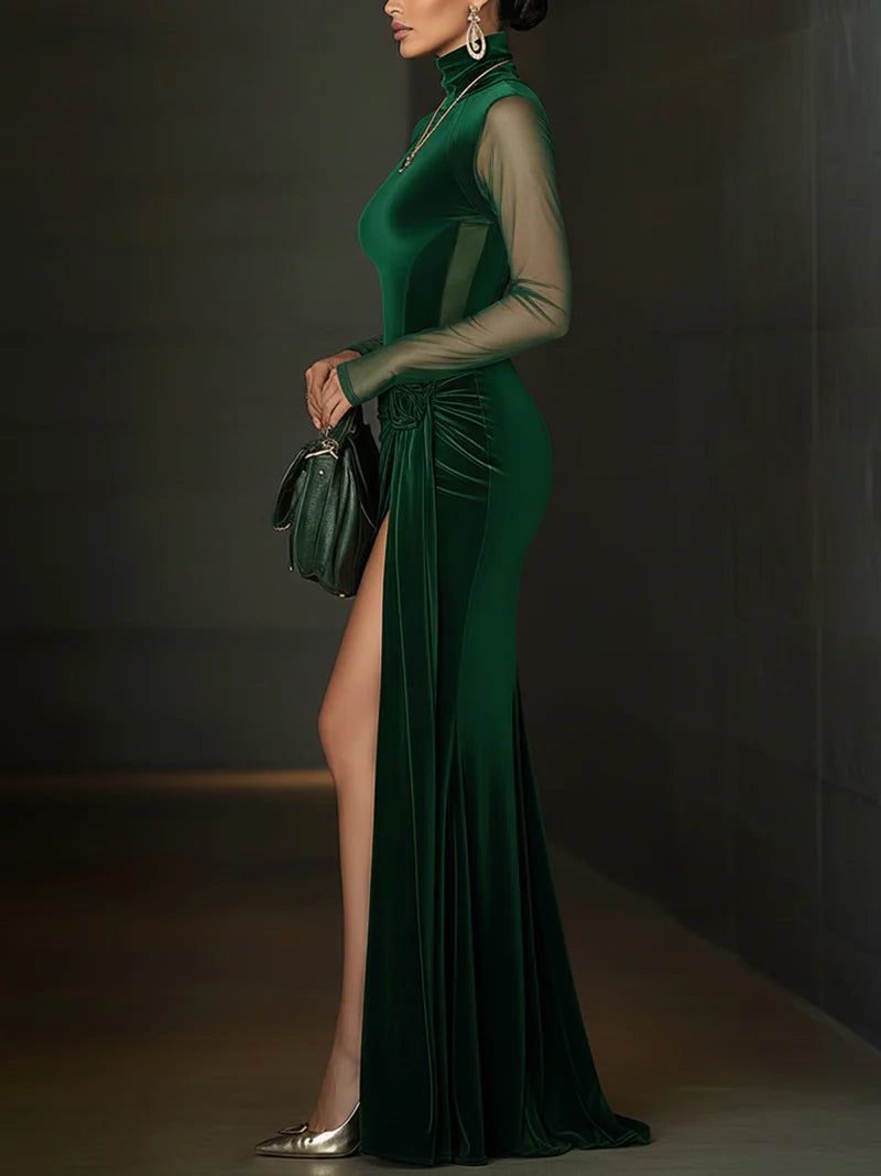 Aria™ | Velvet Maxi Dress with Mesh Sleeves and High Slit
