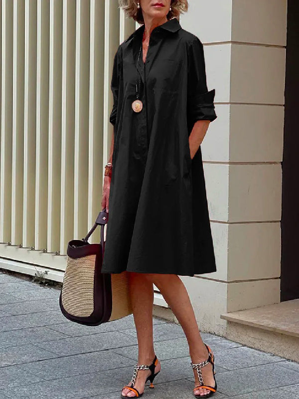 Classic Midi Dress with Long Sleeves and Lapel in Solid Color