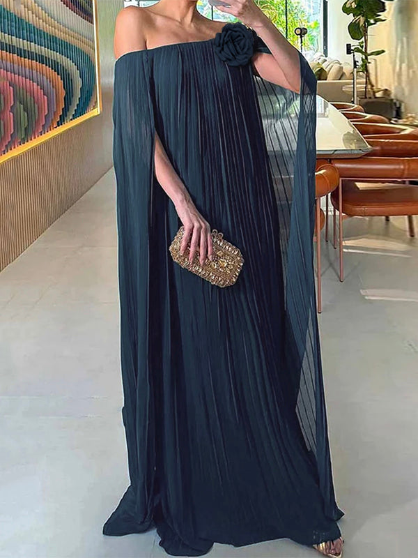 Loose Gauze Pleated Solid Color Tiered Off-The-Shoulder Evening Dresses Maxi Dresses