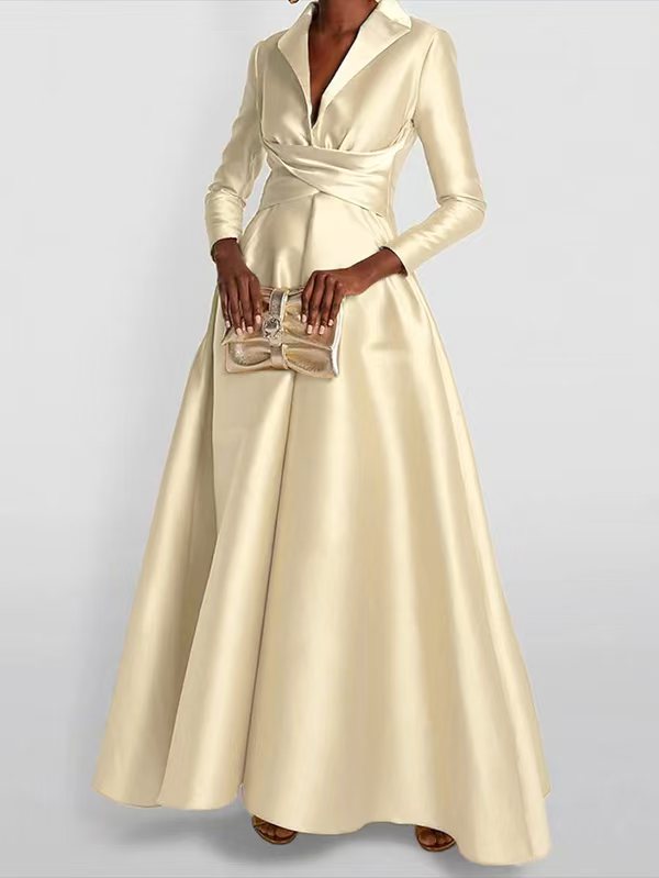 Solid Color V-Neck Maxi Dress with High Waisted A-Line Pleats