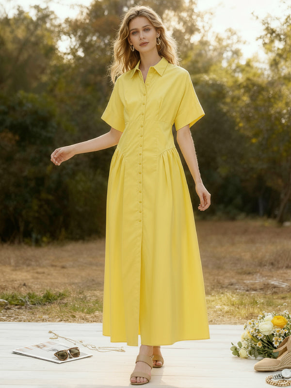 Button-Up Midi Shirt Dress with Loose Short Sleeves, Pleated Design, and Lapel Collar in Solid Color