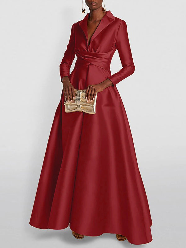 Solid Color V-Neck Maxi Dress with High Waisted A-Line Pleats