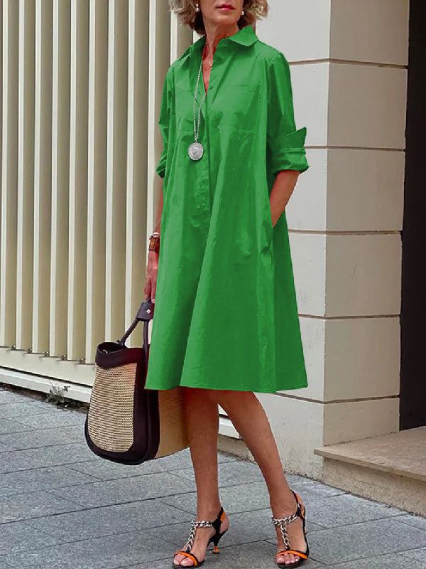 Classic Midi Dress with Long Sleeves and Lapel in Solid Color