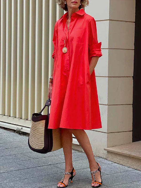 Classic Midi Dress with Long Sleeves and Lapel in Solid Color