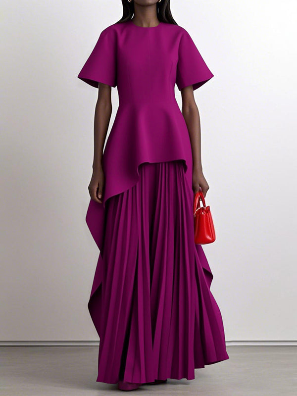 High-Waisted A-Line Maxi Dress with Pleats and Split Joint Round Neck