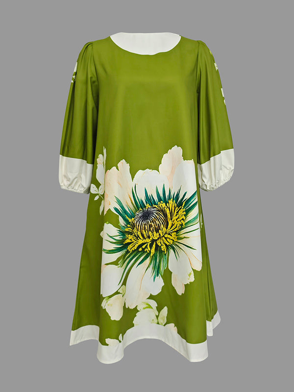 A-Line Loose Flower Print Pleated Round-Neck Mini Dresses