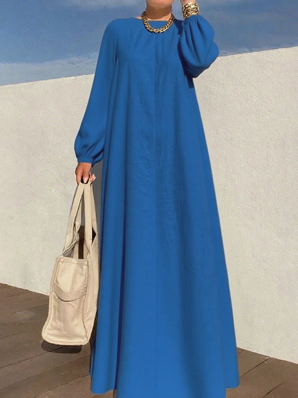 Long Sleeves Loose Pleated Solid Color Zipper Round-Neck Maxi Dresses