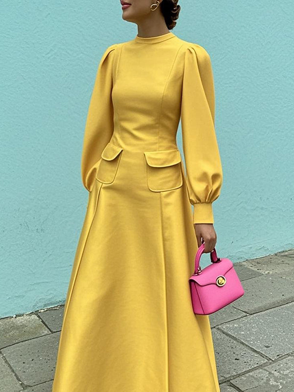 A-Line Long Sleeves Pleated Pockets Solid Color Mock Neck Maxi Dresses