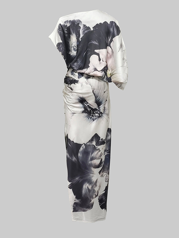 Batwing Sleeves Loose Asymmetric Floral Printed Split-Joint Split-Side One-Shoulder Evening Dresses Maxi Dresses