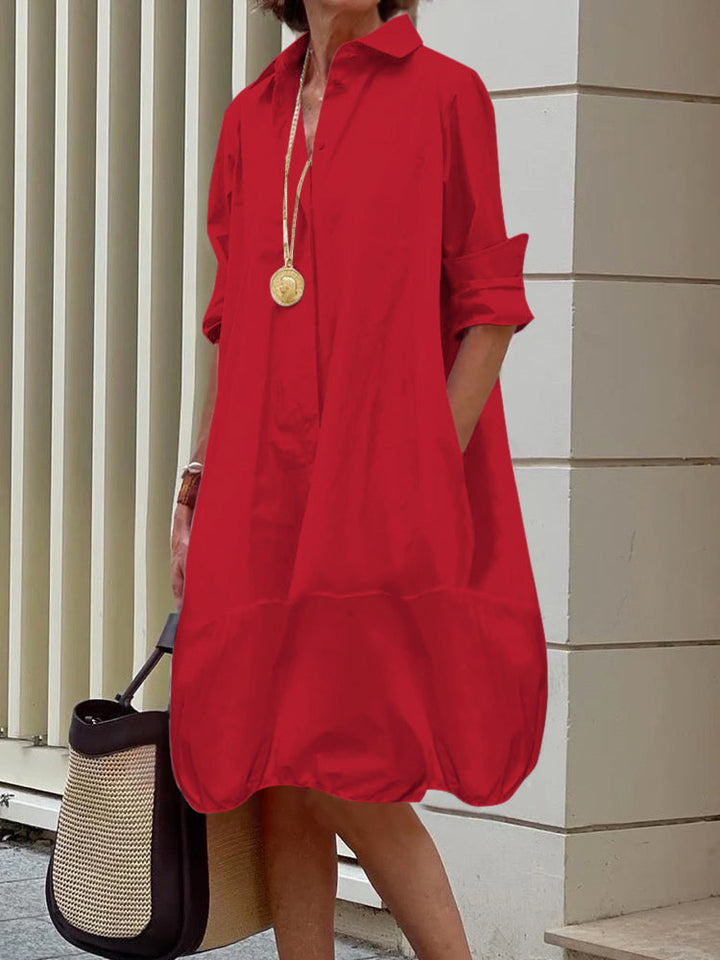 Midi Shirt Dress with Long Sleeves and Lapel Collar in Solid Color