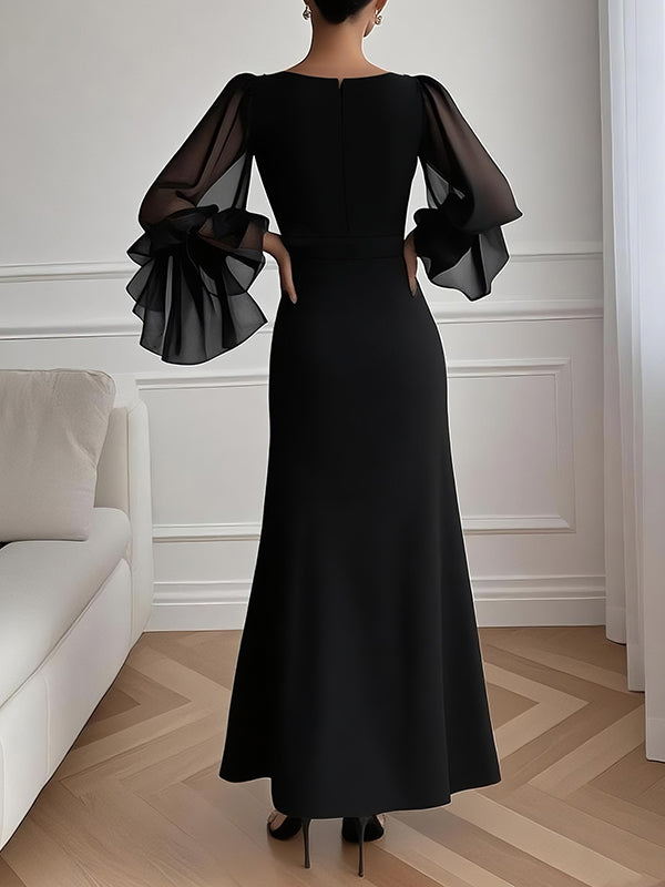 Flared Sleeves Long Sleeves Solid Color Split-side Zipper V-neck Maxi Dresses