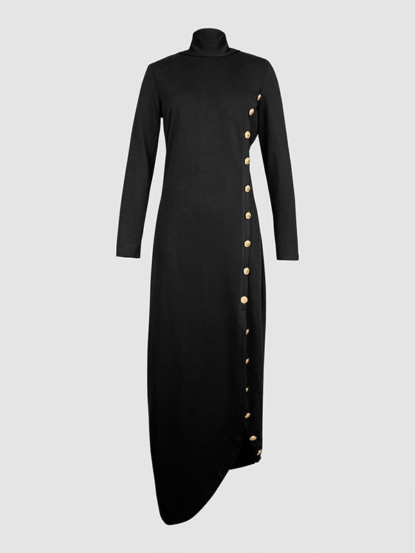 Long Sleeve Asymmetric Button-Up Mock Neck Maxi Dress with Side Slits