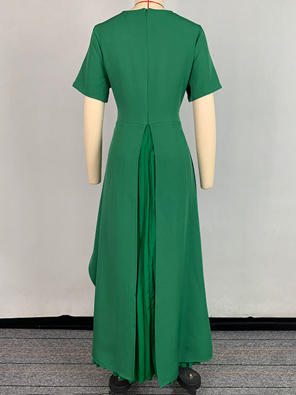 High-Waisted A-Line Maxi Dress with Pleats and Split Joint Round Neck