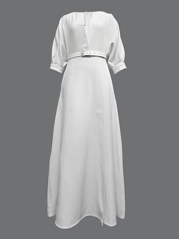 Loose-Fitting Half Sleeve Maxi Dress with Belt and Deep V-Neck in Solid Colors