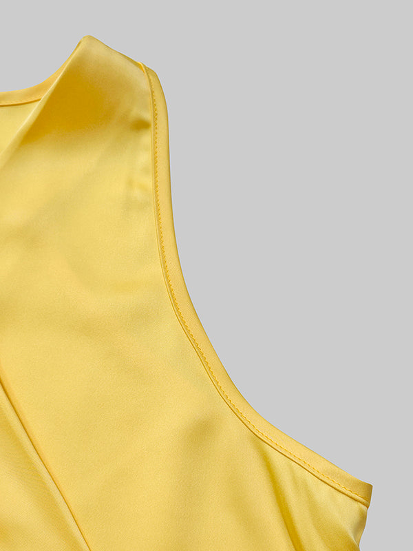 V-Neck Maxi Dress with High-Low Hem, Loose Fit, Ruffle Trim, and Tied Waist in Solid Colors