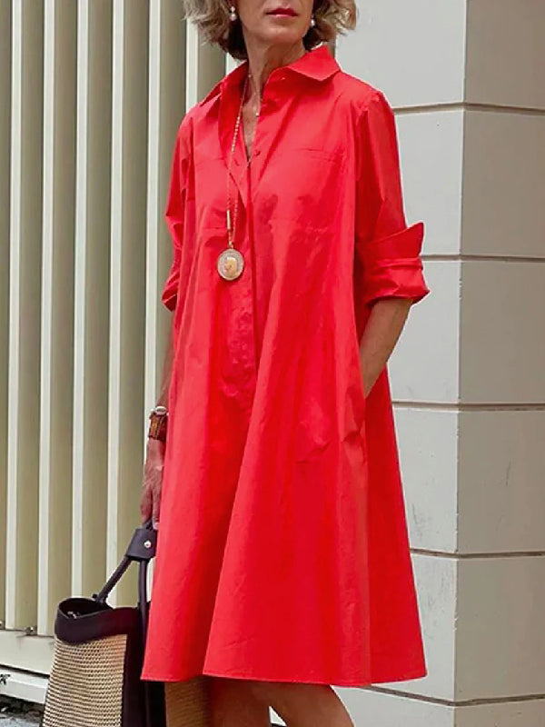 Classic Midi Dress with Long Sleeves and Lapel in Solid Color