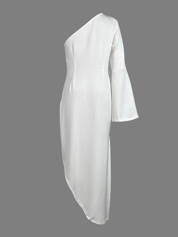 Asymmetric One-Shoulder Maxi Dress with High-Low Hem and Long Sleeves