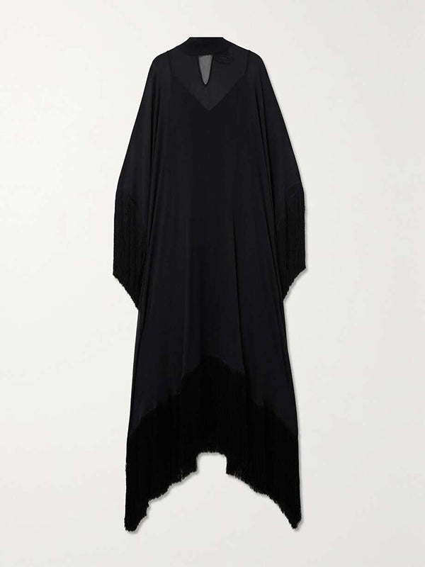 Loose-Fitting Maxi Dress with Batwing Sleeves, Sheer Fabric, Solid Color, and Tasseled Mock Neck