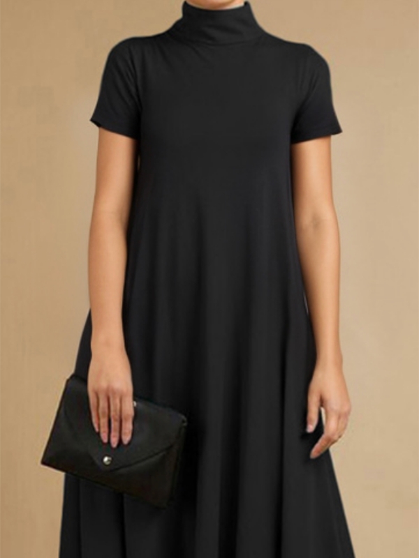 Loose Short Sleeves Solid Color Stand Collar Maxi Dresses
