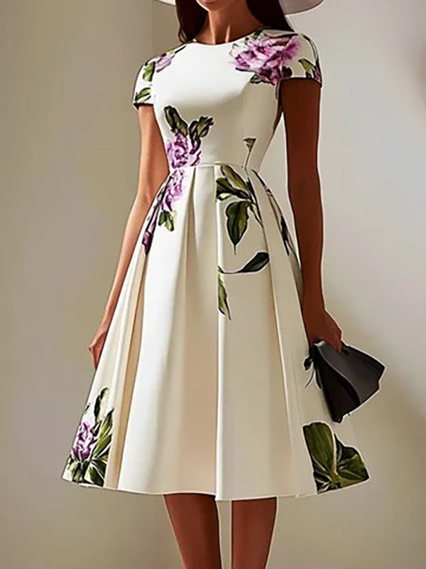 A-Line High Waisted Flower Print Pleated Round-Neck Midi Dresses