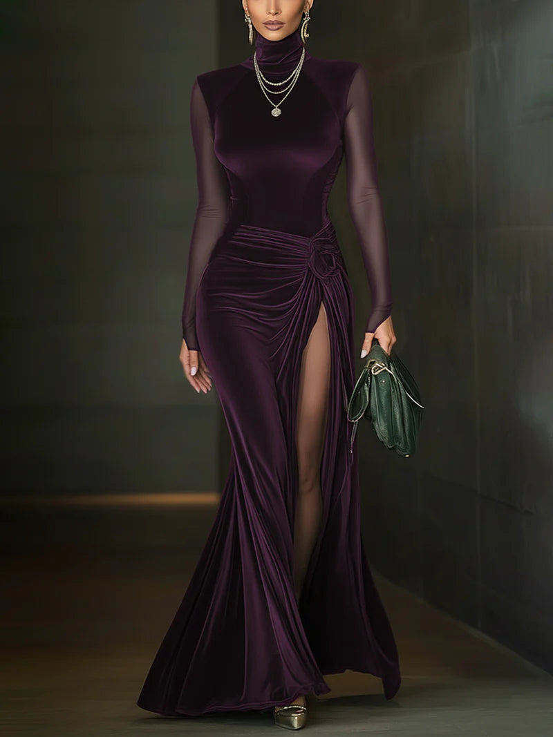Aria™ | Velvet Maxi Dress with Mesh Sleeves and High Slit