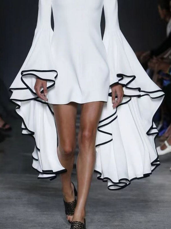 Flared Sleeves Long Sleeves Solid Color Stand Collar Mini Dresses