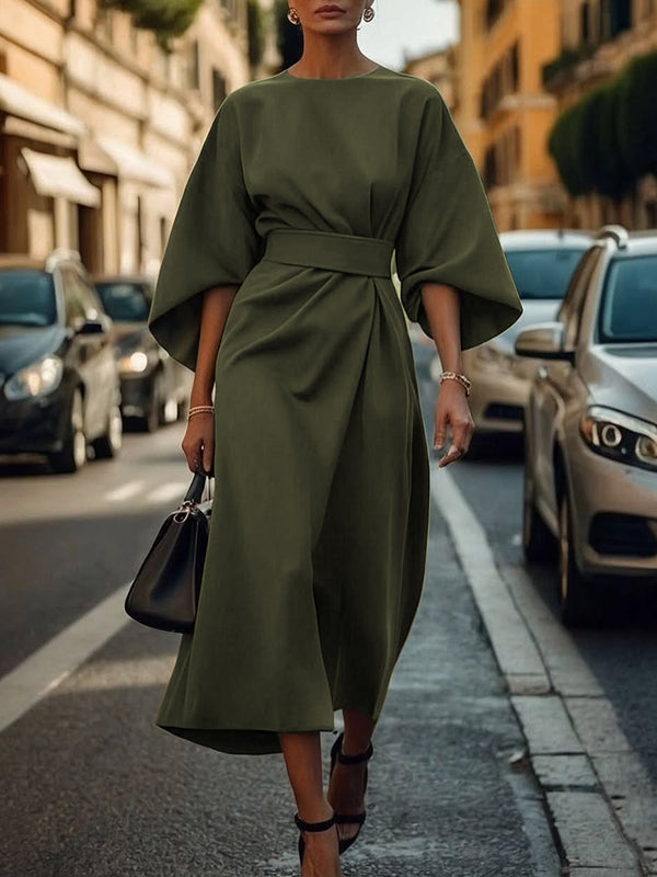 Pleated Midi Dress with Loose Puff Sleeves and Solid Color Split-Joint Round Neck