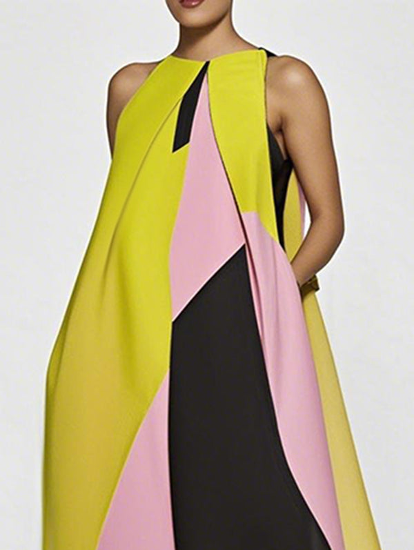 Color-Block A-Line Maxi Dress with Pleated Split-Joint and Round Neck