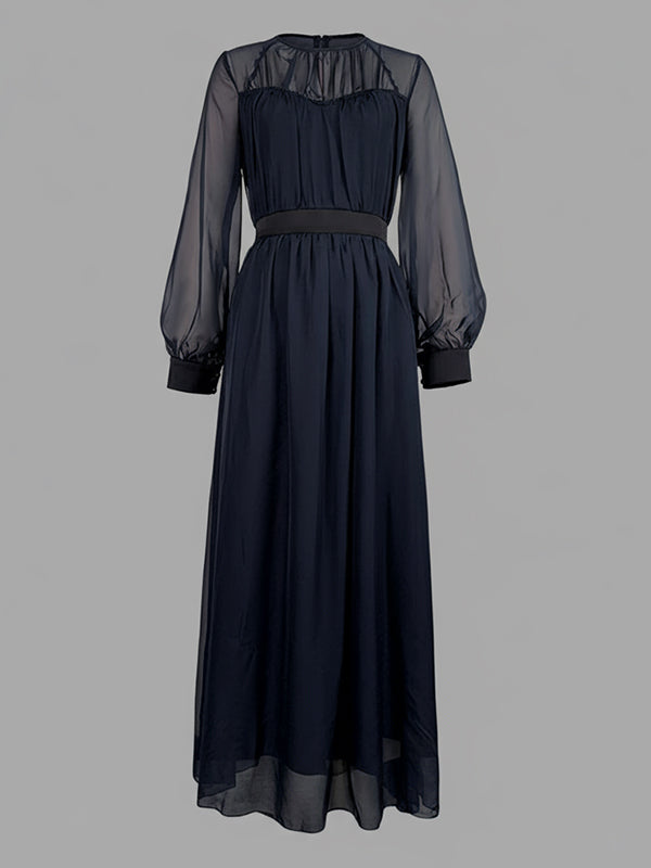 Sheer Pleated Maxi Dress with Round Neck and Loose Gauze Design