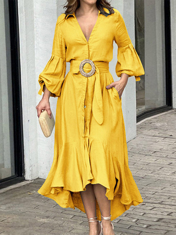 High-Low Puff Sleeves Pleated Solid Color Lapel Collar Maxi Dresses