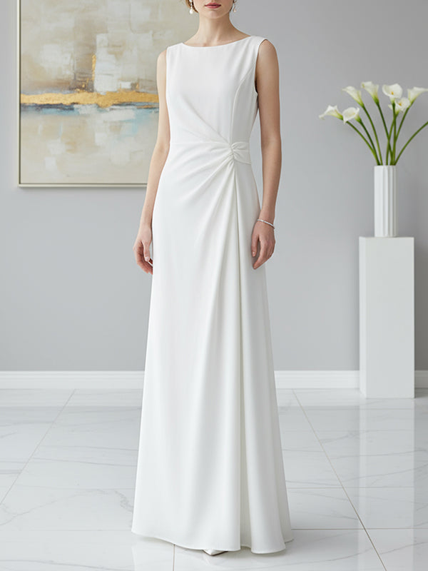Sleeveless Pleated Gauze Maxi Dress with Round Neck and Split-Joint Design