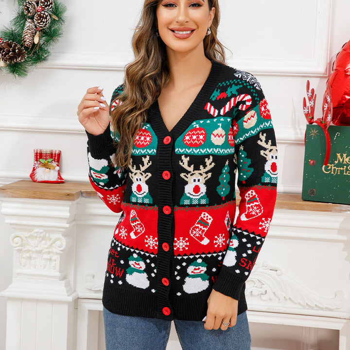 Amelia | Christmas Button-Up V-Neck Long Sleeve Cardigan