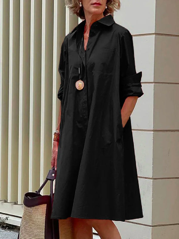 Classic Midi Dress with Long Sleeves and Lapel in Solid Color