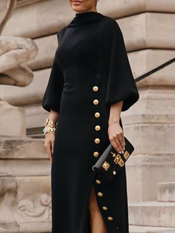 Maxi Dress with Loose Puff Sleeves, Button Detail, and Split-Side Mock Neck