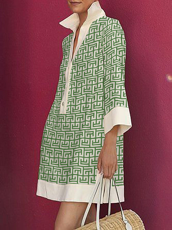 Printed Mini Shirt Dresses with Long and Three-Quarter Sleeves and Buttoned Lapel
