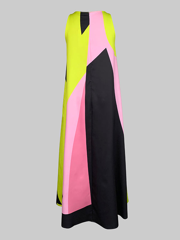 Color-Block A-Line Maxi Dress with Pleated Split-Joint and Round Neck