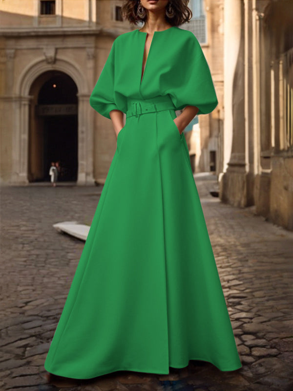 Loose-Fitting Half Sleeve Maxi Dress with Belt and Deep V-Neck in Solid Colors