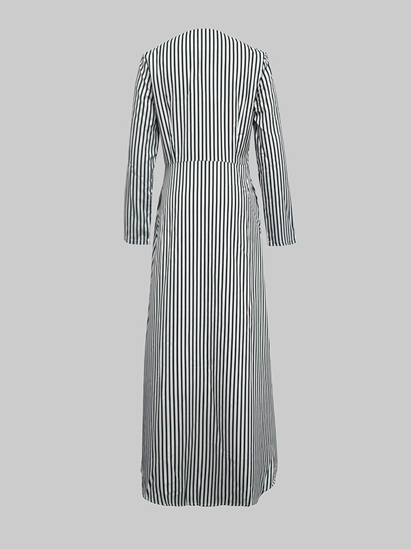 A-Line Loose Asymmetric Split-Joint Striped V-Neck Maxi Dresses Shirt Dress