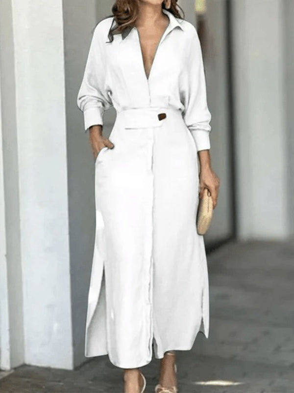 Long Sleeves Loose Split-Joint Split-Side V-Neck Maxi Dresses Shirt Dress