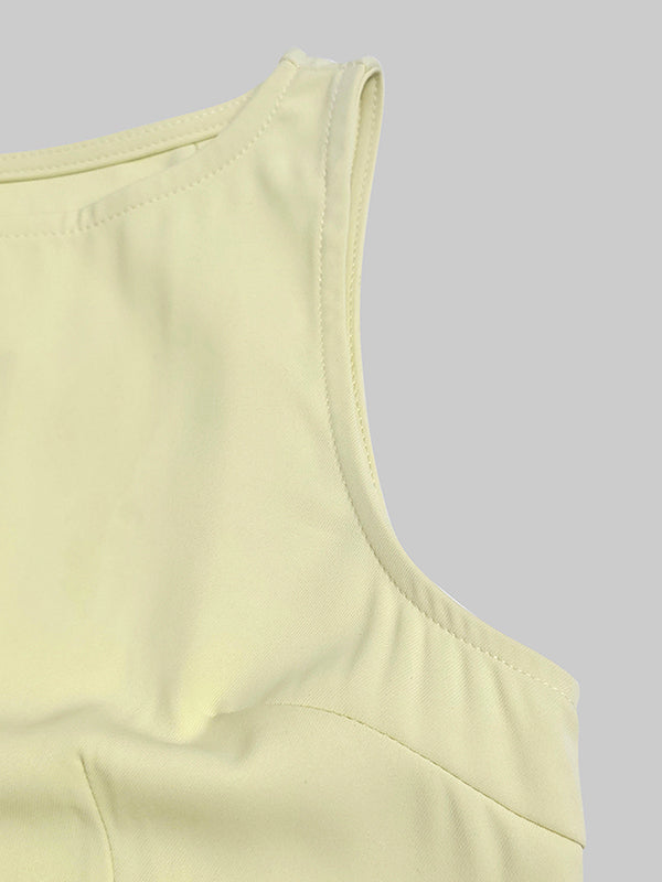 Sleeveless Pleated Gauze Maxi Dress with Boat Neck and Split Joint Design